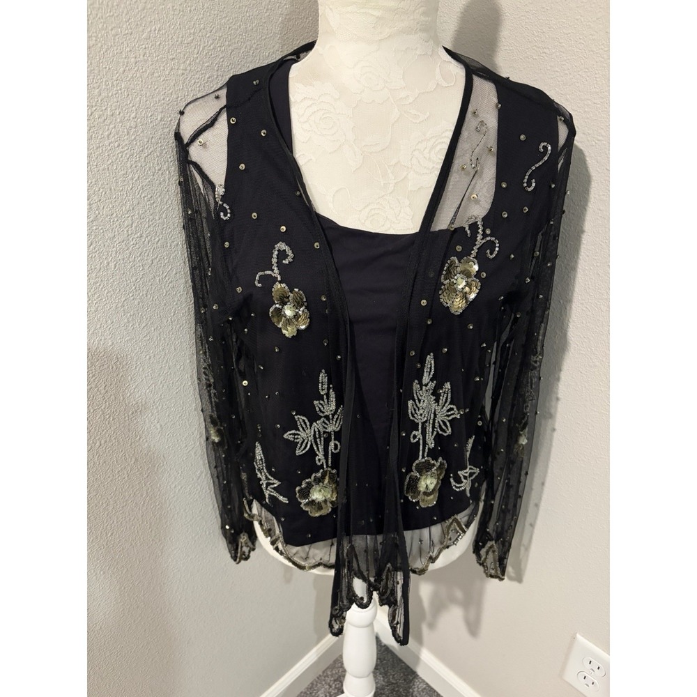 Y2K Sequin Beaded Black Open Jacket~M~ Sheer Netting Evening Feminine Dark Fairy